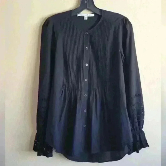 Veronica beard black eyelet sleeve Pleated long sleeve button-down shirt Size 0 - Picture 1 of 11